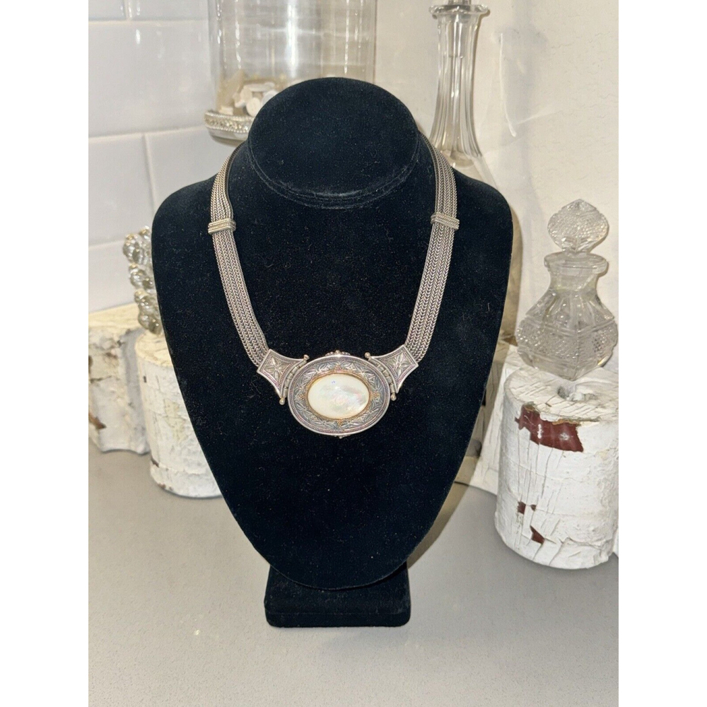 Savati 14kGold, Sterling Silver Multi Chain Byzantine Necklace Mother Of Pearl